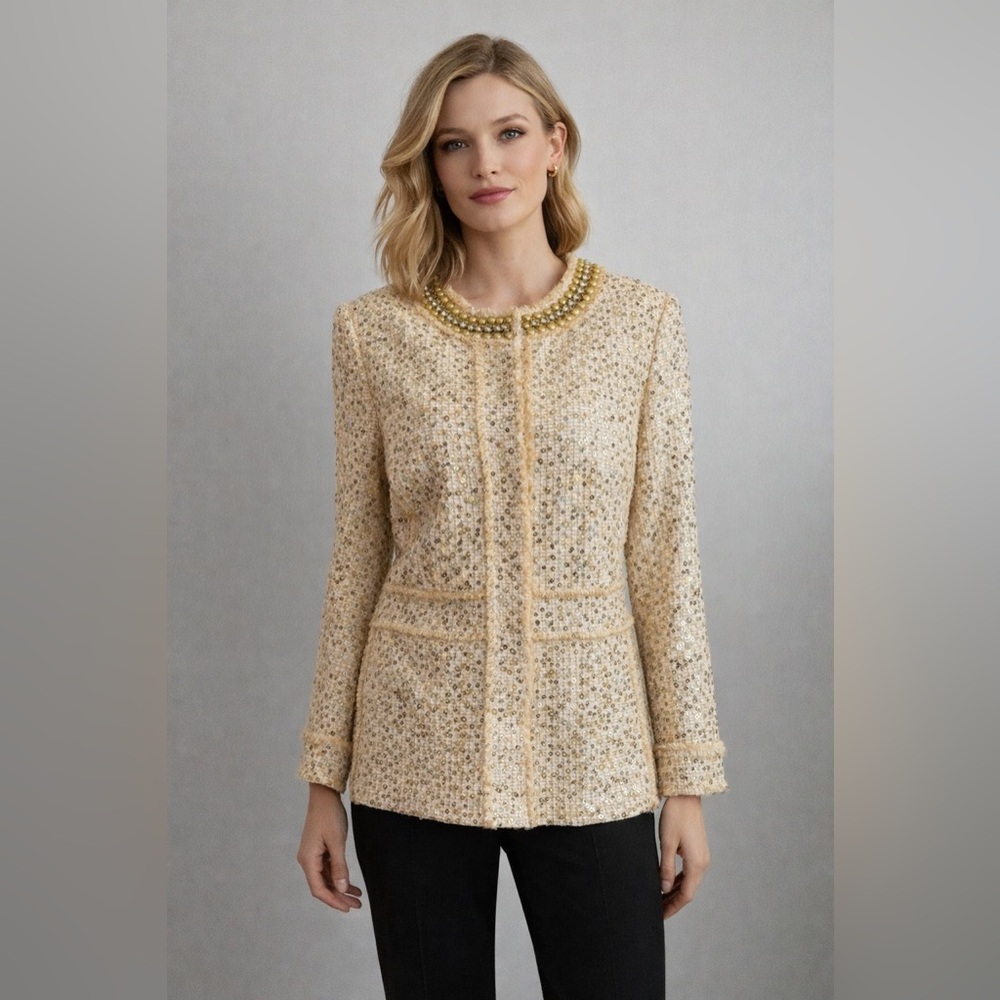 Neiman Marcus Gold Tweed Sequin Blazer Size Large NWOT